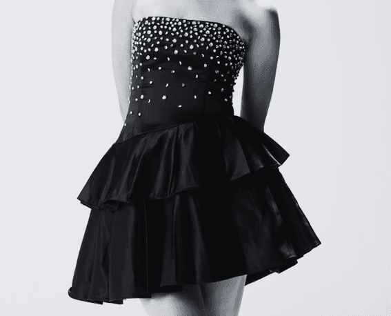 Black strapless ruffled mini dress with crystal embellishments