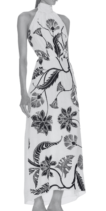 White lace midi dress with plunge neckline and floral cutouts